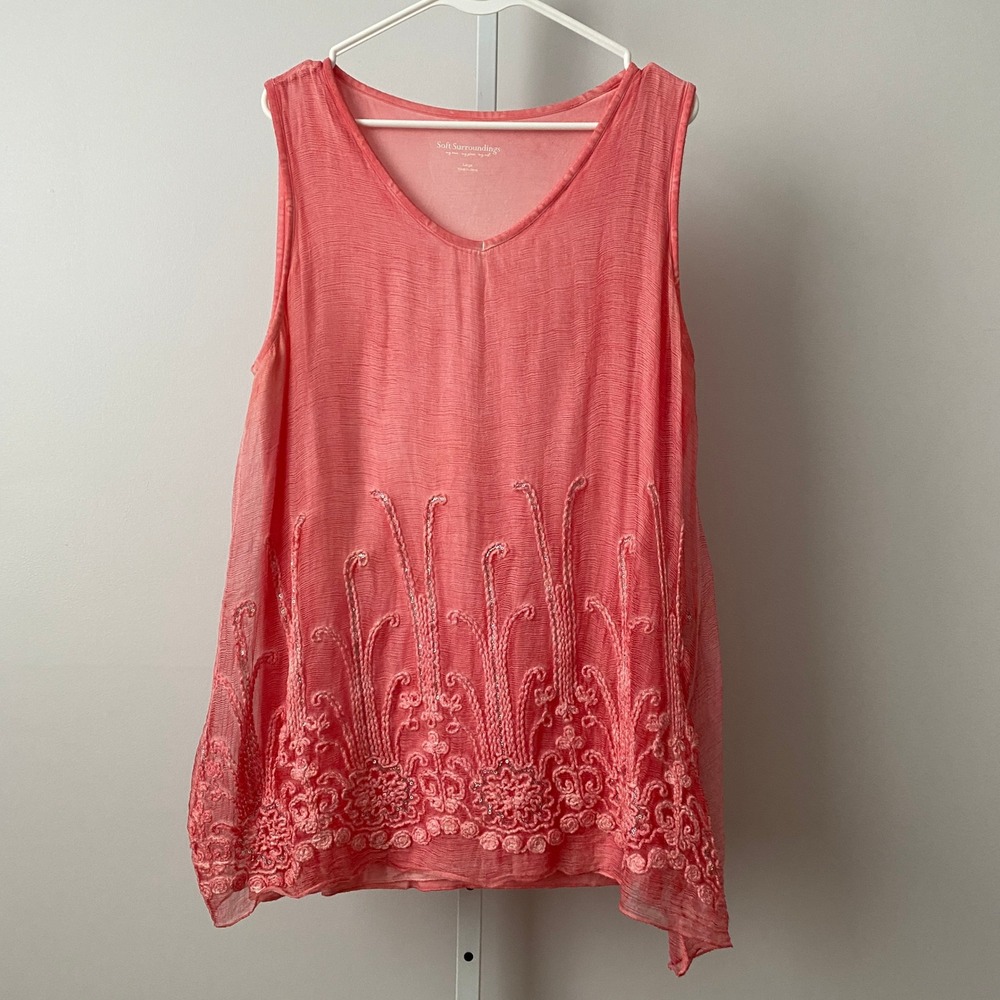 Soft Surroundings L Fairy 100% Silk Tank Top Embroidered Sequin Tunic Coral Pink